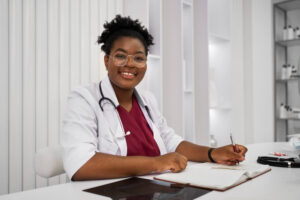 A medical student studying for the USMLE exam using a laptop and books, representing effective USMLE preparation strategies.
